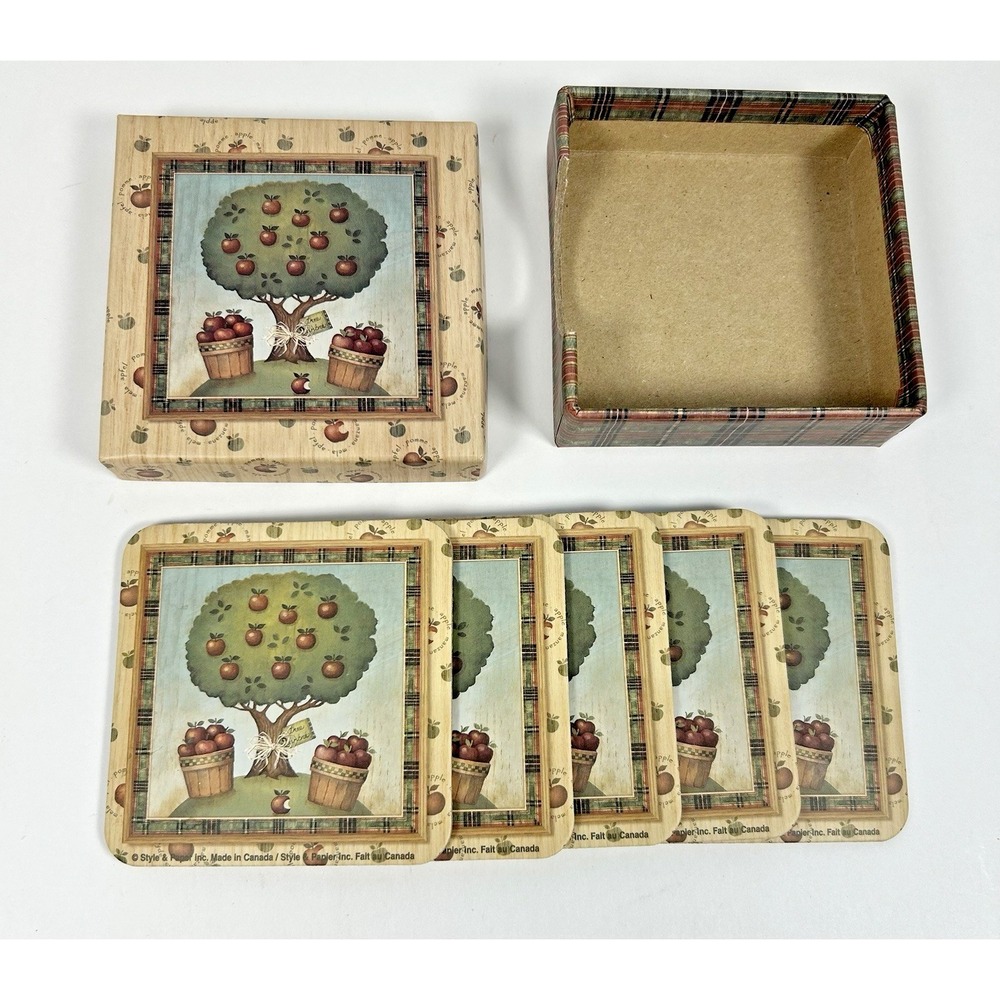 VTG Apple Tree Fall Cork Back Drink Coaster Set of 5 90's Cottagecore